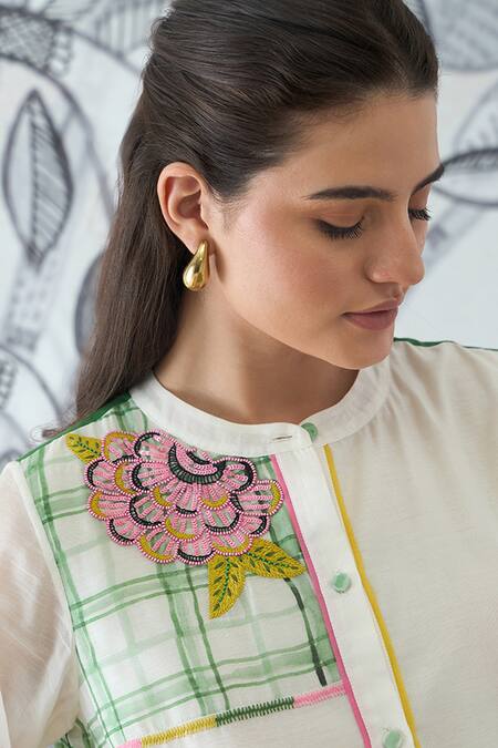 Shivani Bhargava_Ivory Chanderi Embroidery Collared Digital Print Tunic And Pants Set _Online_at_Aza_Fashions