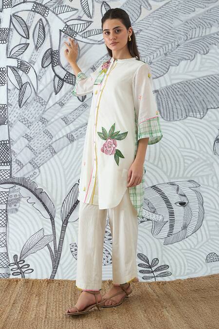 Shop_Shivani Bhargava_Ivory Chanderi Embroidery Collared Digital Print Tunic And Pants Set _Online_at_Aza_Fashions