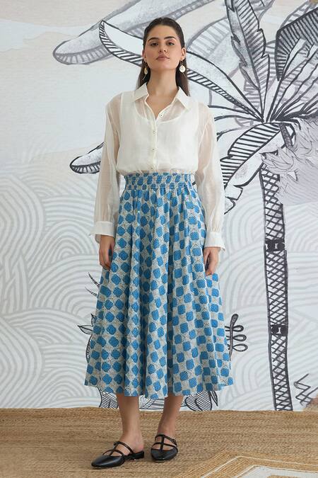 Buy Shivani Bhargava White Chanderi, Cotton Collared Blue Check Skirt With Shirt Online at Aza Fashions Buy_Shivani Bhargava_White Chanderi, Cotton Collared Blue Check Skirt With Shirt _Online_at_Aza_Fashions