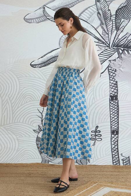 Shop Shivani Bhargava White Chanderi, Cotton Collared Blue Check Skirt With Shirt Online at Aza Fashions Shop_Shivani Bhargava_White Chanderi, Cotton Collared Blue Check Skirt With Shirt _Online_at_Aza_Fashions