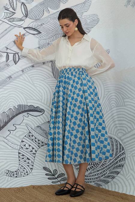 Shivani Bhargava White Chanderi, Cotton Collared Blue Check Skirt With Shirt at Aza Fashions Shivani Bhargava_White Chanderi, Cotton Collared Blue Check Skirt With Shirt _at_Aza_Fashions