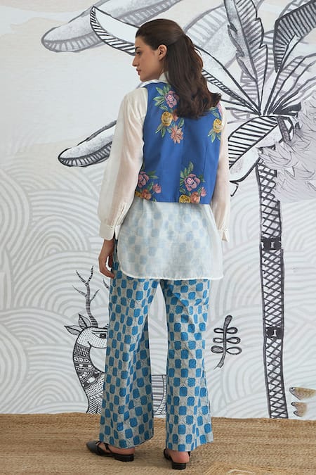 Shivani Bhargava Blue Floral Waistcoat & Check Pant Set 