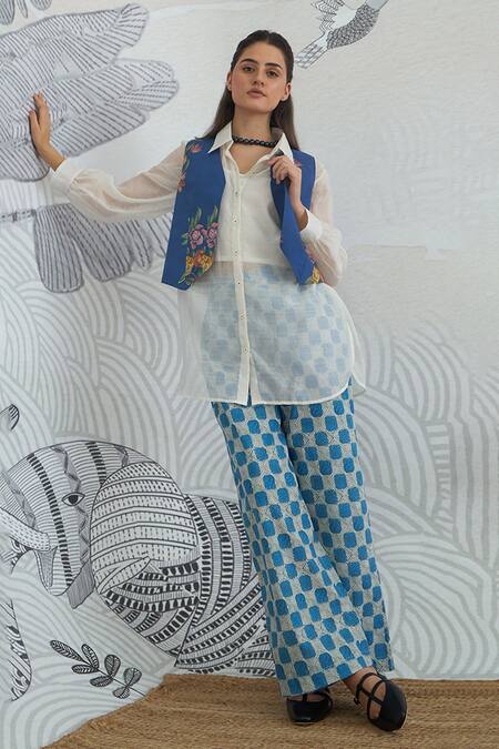 Shop Shivani Bhargava Blue Chanderi, Cotton Embroidery Collared Floral Waistcoat And Check Pant Set Online at Aza Fashions Shop_Shivani Bhargava_Blue Chanderi, Cotton Embroidery Collared Floral Waistcoat And Check Pant Set _Online_at_Aza_Fashions