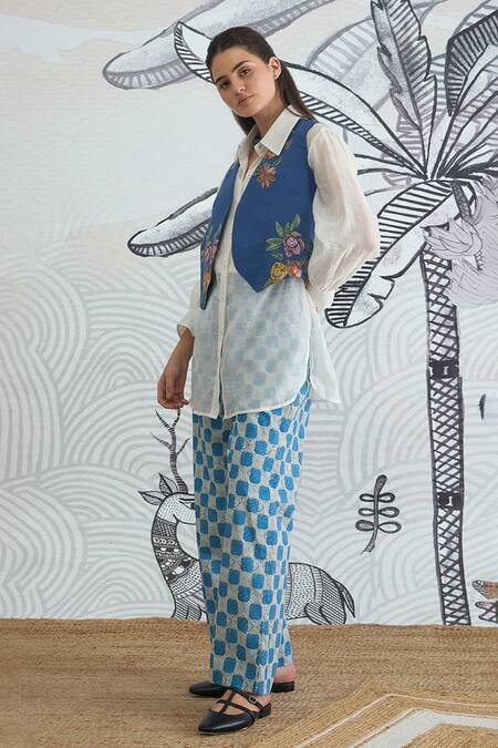 Shivani Bhargava Blue Chanderi, Cotton Embroidery Collared Floral Waistcoat And Check Pant Set at Aza Fashions Shivani Bhargava_Blue Chanderi, Cotton Embroidery Collared Floral Waistcoat And Check Pant Set _at_Aza_Fashions