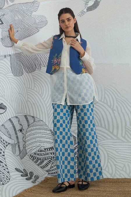 Buy Shivani Bhargava Blue Chanderi, Cotton Embroidery Collared Floral Waistcoat And Check Pant Set Buy_Shivani Bhargava_Blue Chanderi, Cotton Embroidery Collared Floral Waistcoat And Check Pant Set