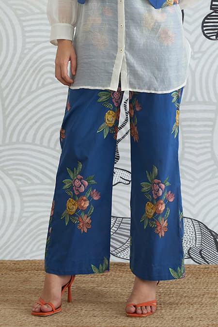 Shivani Bhargava Blue Cotton, Chanderi Collared Floral Print Waistcoat Jacket And Pant Set Online at Aza Fashions Shivani Bhargava_Blue Cotton, Chanderi Collared Floral Print Waistcoat Jacket And Pant Set _Online_at_Aza_Fashions