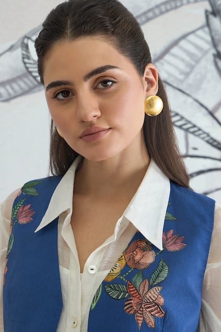 Buy Shivani Bhargava Blue Cotton, Chanderi Collared Floral Print Waistcoat Jacket And Pant Set Online at Aza Fashions Buy_Shivani Bhargava_Blue Cotton, Chanderi Collared Floral Print Waistcoat Jacket And Pant Set _Online_at_Aza_Fashions