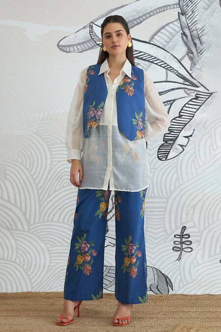Shop Shivani Bhargava Blue Cotton, Chanderi Collared Floral Print Waistcoat Jacket And Pant Set Online at Aza Fashions Shop_Shivani Bhargava_Blue Cotton, Chanderi Collared Floral Print Waistcoat Jacket And Pant Set _Online_at_Aza_Fashions