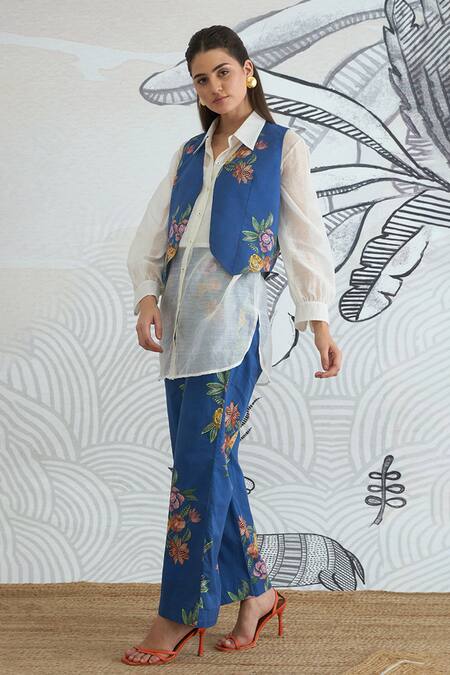 Shivani Bhargava Blue Cotton, Chanderi Collared Floral Print Waistcoat Jacket And Pant Set at Aza Fashions Shivani Bhargava_Blue Cotton, Chanderi Collared Floral Print Waistcoat Jacket And Pant Set _at_Aza_Fashions