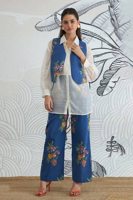 Buy Shivani Bhargava Blue Cotton, Chanderi Collared Floral Print Waistcoat Jacket And Pant Set Buy_Shivani Bhargava_Blue Cotton, Chanderi Collared Floral Print Waistcoat Jacket And Pant Set