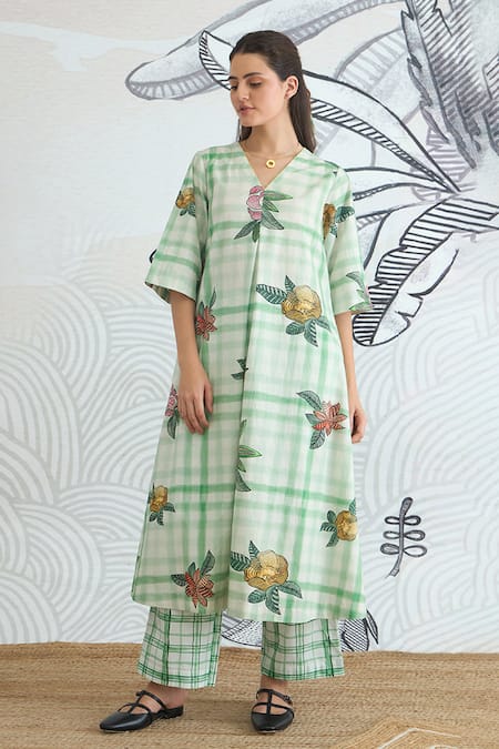 Shivani Bhargava Green Check Flower A-Line Kurta & Pant 