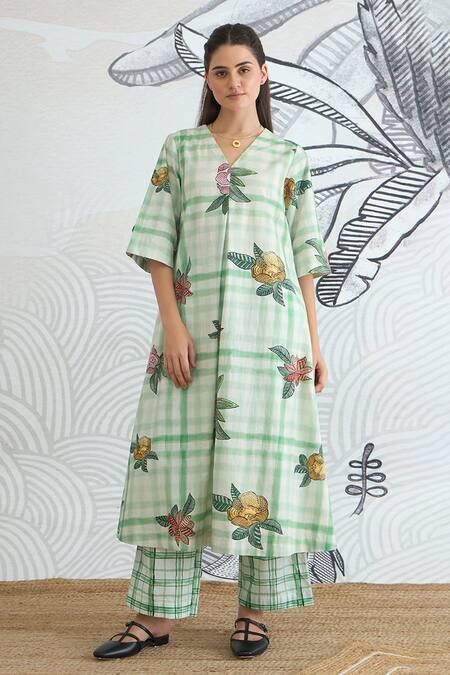 Shop_Shivani Bhargava_Green Cotton Embroidery V-neck Check Flower A-line Kurta And Pant _Online_at_Aza_Fashions
