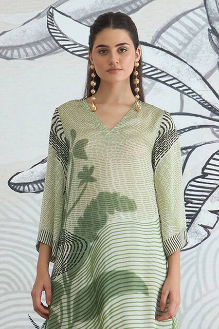 Shivani Bhargava_Green Silk Satin V-neck Texture High Low Tunic With Pants _Online_at_Aza_Fashions