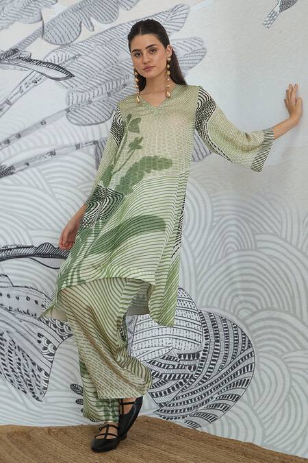 Shop_Shivani Bhargava_Green Silk Satin V-neck Texture High Low Tunic _Online_at_Aza_Fashions