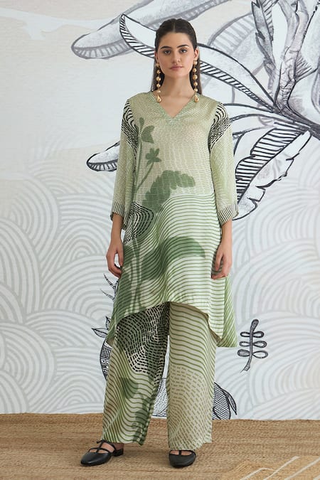 Shivani Bhargava Green Silk Satin V-neck Texture High Low Tunic 