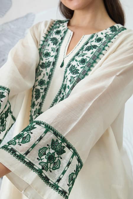 Buy_Shivani Bhargava_Ivory Chanderi, Cotton Embroidery Split V-neck Green Yoke Tunic And Pant Set _Online_at_Aza_Fashions