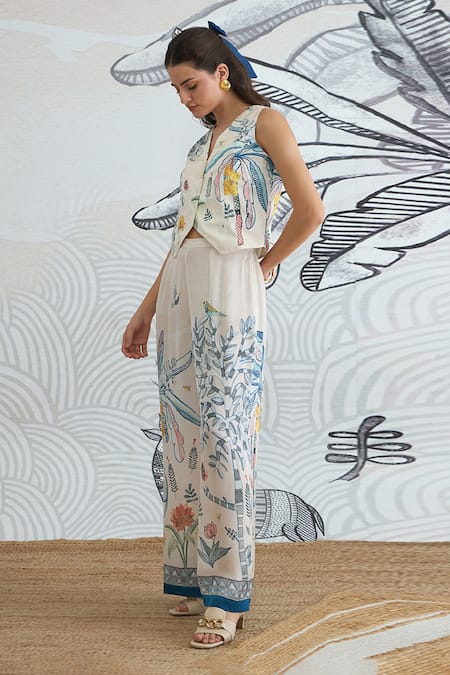 Buy_Shivani Bhargava_Cream Silk Satin V-neck Jungle Digital Print Waistcoat And Pant Set _Online_at_Aza_Fashions