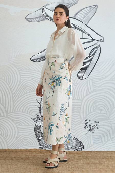 Shop Shivani Bhargava White Chanderi, Cotton Collared Digital Print Shirt And Jungle Wrap Skirt Online at Aza Fashions Shop_Shivani Bhargava_White Chanderi, Cotton Collared Digital Print Shirt And Jungle Wrap Skirt _Online_at_Aza_Fashions