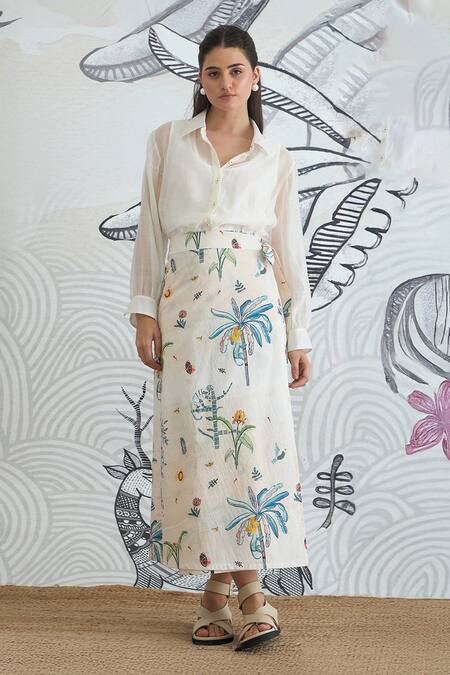 Shivani Bhargava White Chanderi, Cotton Collared Digital Print Shirt And Jungle Wrap Skirt at Aza Fashions Shivani Bhargava_White Chanderi, Cotton Collared Digital Print Shirt And Jungle Wrap Skirt _at_Aza_Fashions