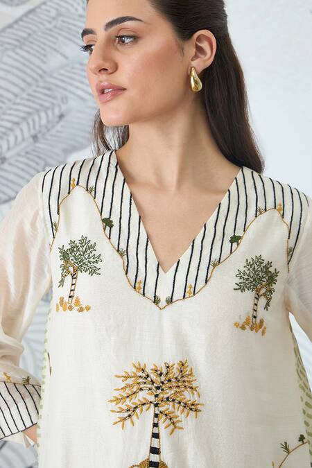Shop Shivani Bhargava Ivory Chanderi, Cotton Embroidery V-neck Mountain Kurta And Pant Set Online at Aza Fashions Shop_Shivani Bhargava_Ivory Chanderi, Cotton Embroidery V-neck Mountain Kurta And Pant Set _Online_at_Aza_Fashions