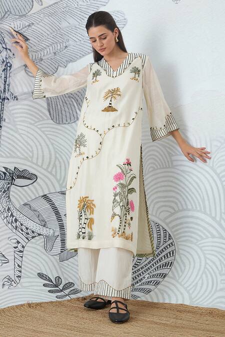 Shivani Bhargava Ivory Chanderi, Cotton Embroidery V-neck Mountain Kurta And Pant Set at Aza Fashions Shivani Bhargava_Ivory Chanderi, Cotton Embroidery V-neck Mountain Kurta And Pant Set _at_Aza_Fashions