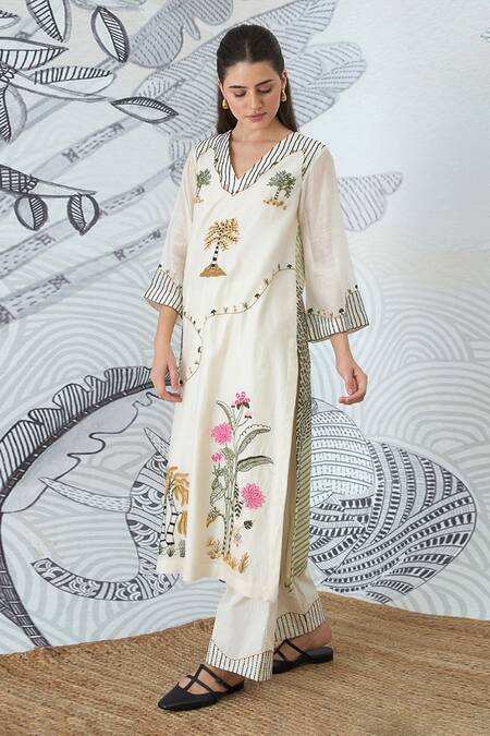 Buy Shivani Bhargava Ivory Chanderi, Cotton Embroidery V-neck Mountain Kurta And Pant Set Buy_Shivani Bhargava_Ivory Chanderi, Cotton Embroidery V-neck Mountain Kurta And Pant Set