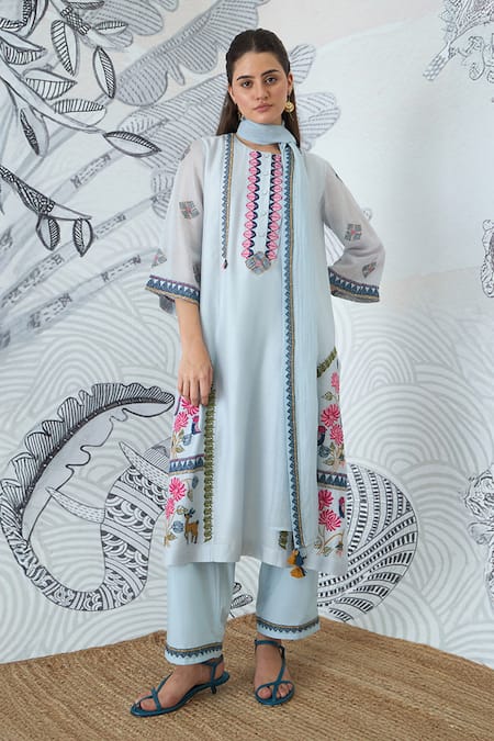 Shivani Bhargava Blue Chanderi, Cotton Embroidery Round Neck Powder Kurta Set