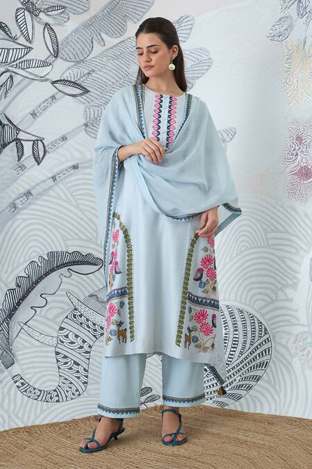 Buy_Shivani Bhargava_Blue Chanderi, Cotton Embroidery Round Neck Powder Kurta Set _Online_at_Aza_Fashions
