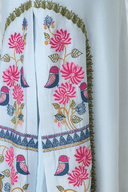 Shop_Shivani Bhargava_Blue Chanderi, Cotton Embroidery Round Neck Powder Kurta Set _Online_at_Aza_Fashions