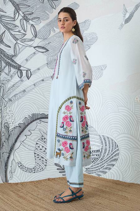 Shivani Bhargava_Blue Chanderi, Cotton Embroidery Round Neck Powder Kurta Set _at_Aza_Fashions