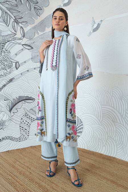 Buy_Shivani Bhargava_Blue Chanderi, Cotton Embroidery Round Neck Powder Kurta Set 