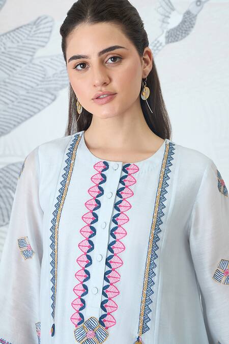 Shivani Bhargava Blue Chanderi Embroidery Round Neck Powder Kurta Online at Aza Fashions Shivani Bhargava_Blue Chanderi Embroidery Round Neck Powder Kurta _Online_at_Aza_Fashions