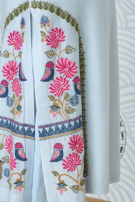 Buy Shivani Bhargava Blue Chanderi Embroidery Round Neck Powder Kurta Online at Aza Fashions Buy_Shivani Bhargava_Blue Chanderi Embroidery Round Neck Powder Kurta _Online_at_Aza_Fashions