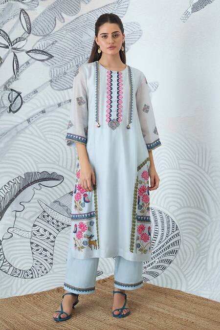 Shop Shivani Bhargava Blue Chanderi Embroidery Round Neck Powder Kurta Online at Aza Fashions Shop_Shivani Bhargava_Blue Chanderi Embroidery Round Neck Powder Kurta _Online_at_Aza_Fashions