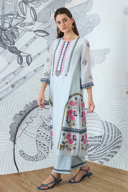 Shivani Bhargava Blue Chanderi Embroidery Round Neck Powder Kurta at Aza Fashions Shivani Bhargava_Blue Chanderi Embroidery Round Neck Powder Kurta _at_Aza_Fashions