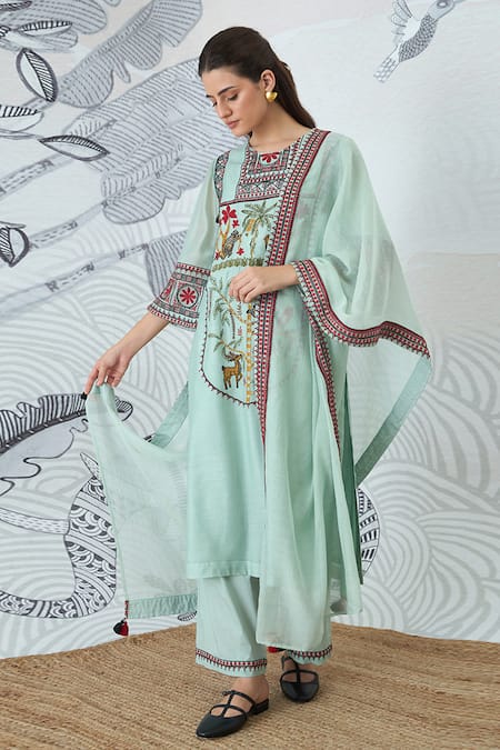 Shivani Bhargava Green Chanderi, Cotton Embroidery Round Neck Sage Kurta Set 