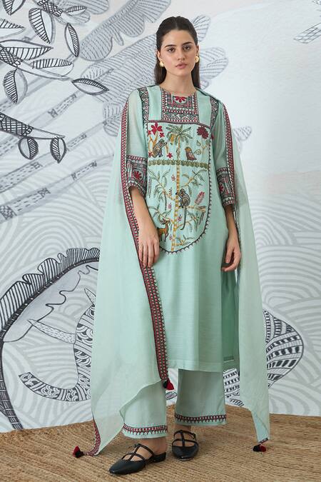 Shivani Bhargava Green Chanderi, Cotton Embroidery Round Neck Sage Kurta Set Online at Aza Fashions Shivani Bhargava_Green Chanderi, Cotton Embroidery Round Neck Sage Kurta Set _Online_at_Aza_Fashions