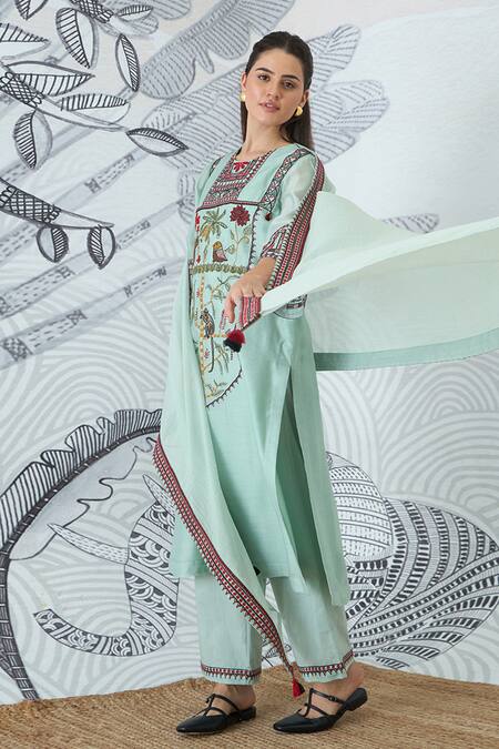 Shop Shivani Bhargava Green Chanderi, Cotton Embroidery Round Neck Sage Kurta Set Online at Aza Fashions Shop_Shivani Bhargava_Green Chanderi, Cotton Embroidery Round Neck Sage Kurta Set _Online_at_Aza_Fashions