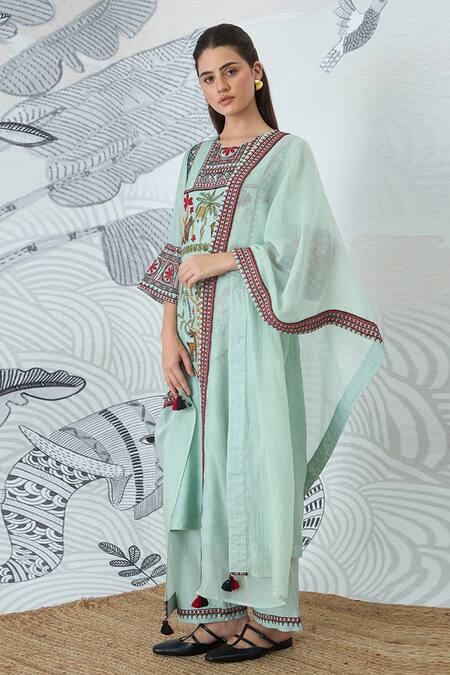 Shivani Bhargava Green Chanderi, Cotton Embroidery Round Neck Sage Kurta Set at Aza Fashions Shivani Bhargava_Green Chanderi, Cotton Embroidery Round Neck Sage Kurta Set _at_Aza_Fashions