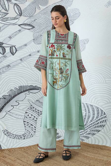 Buy Shivani Bhargava Green Chanderi, Cotton Embroidery Round Neck Sage Kurta Set Buy_Shivani Bhargava_Green Chanderi, Cotton Embroidery Round Neck Sage Kurta Set