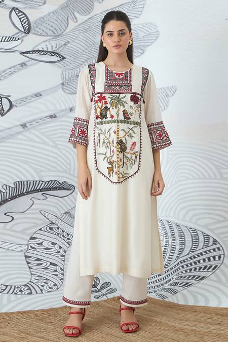 Shop Shivani Bhargava Ivory Chanderi, Cotton Embroidery Round Neck Kurta Set Online at Aza Fashions Shop_Shivani Bhargava_Ivory Chanderi, Cotton Embroidery Round Neck Kurta Set _Online_at_Aza_Fashions
