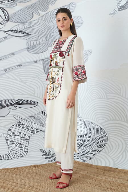Buy Shivani Bhargava Ivory Chanderi, Cotton Embroidery Round Neck Kurta Set Buy_Shivani Bhargava_Ivory Chanderi, Cotton Embroidery Round Neck Kurta Set