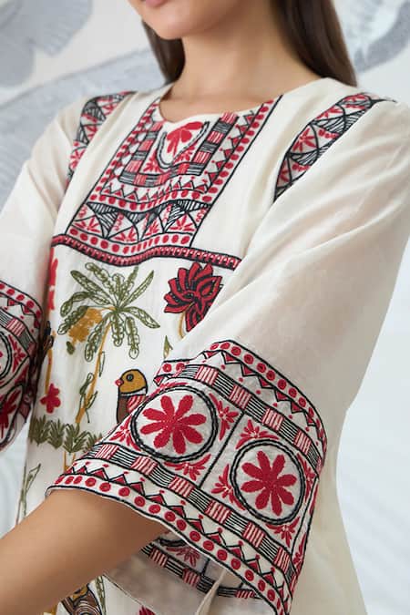 Shop Shivani Bhargava Ivory Chanderi, Cotton Embroidery Round Neck Kurta Set Shop_Shivani Bhargava_Ivory Chanderi, Cotton Embroidery Round Neck Kurta Set