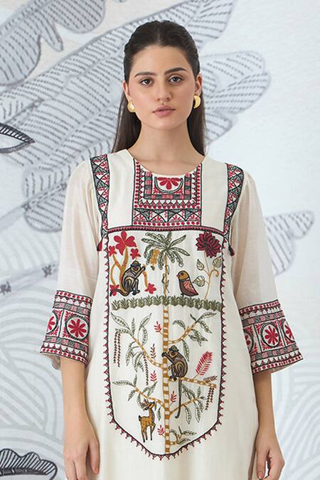 Shivani Bhargava Ivory Chanderi Embroidery Round Neck Kurta Online at Aza Fashions Shivani Bhargava_Ivory Chanderi Embroidery Round Neck Kurta _Online_at_Aza_Fashions