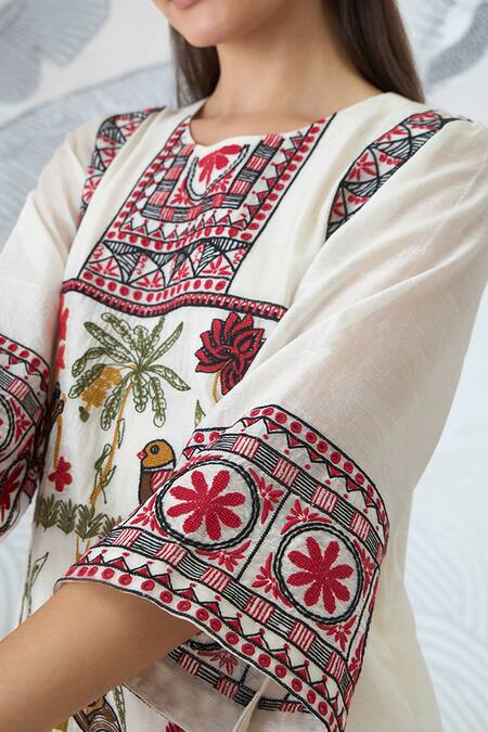 Shop Shivani Bhargava Ivory Chanderi Embroidery Round Neck Kurta Online at Aza Fashions Shop_Shivani Bhargava_Ivory Chanderi Embroidery Round Neck Kurta _Online_at_Aza_Fashions
