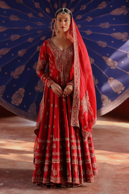 Jigar Mali Red Chanderi, Organza, Cotton Embroidery Round Neck Lehenga Set 