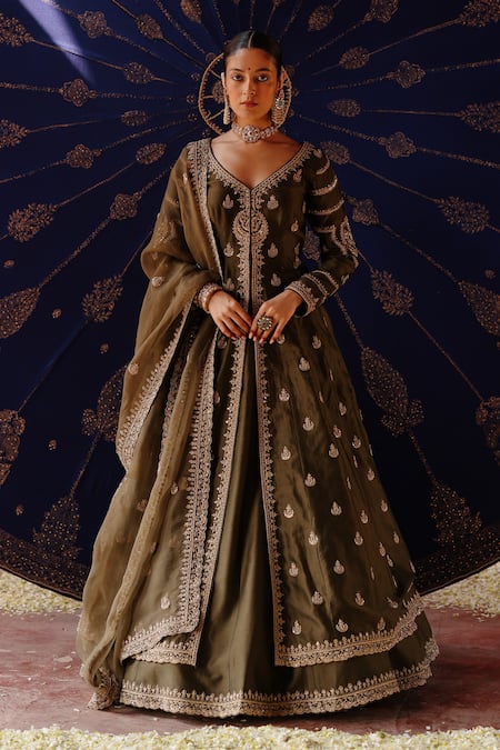 Jigar Mali Green Chanderi, Organza Embroidery V-neck Designer Lehenga Set 