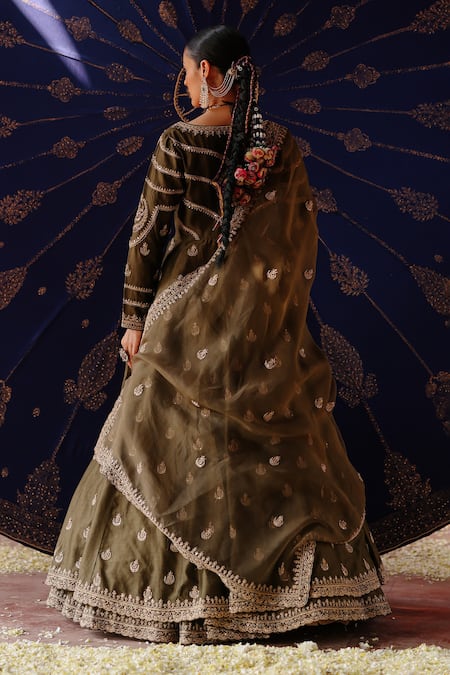 Shop Jigar Mali Green Chanderi, Organza Embroidery V-neck Designer Lehenga Set at Aza Fashions Shop_Jigar Mali_Green Chanderi, Organza Embroidery V-neck Designer Lehenga Set _at_Aza_Fashions