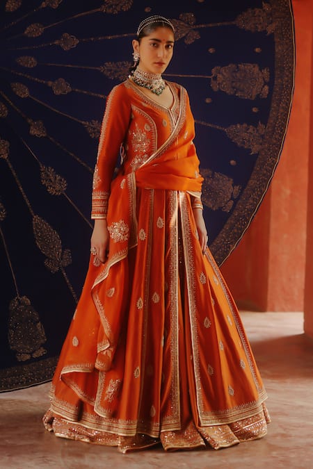 Jigar Mali Orange Chanderi, Organza Embroidery Round Neck Designer Lehenga Set 