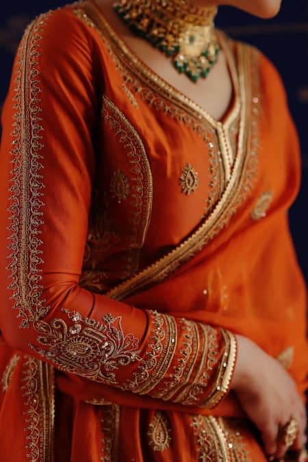 Jigar Mali Orange Chanderi, Organza Embroidery Round Neck Designer Lehenga Set Online at Aza Fashions Jigar Mali_Orange Chanderi, Organza Embroidery Round Neck Designer Lehenga Set _Online_at_Aza_Fashions